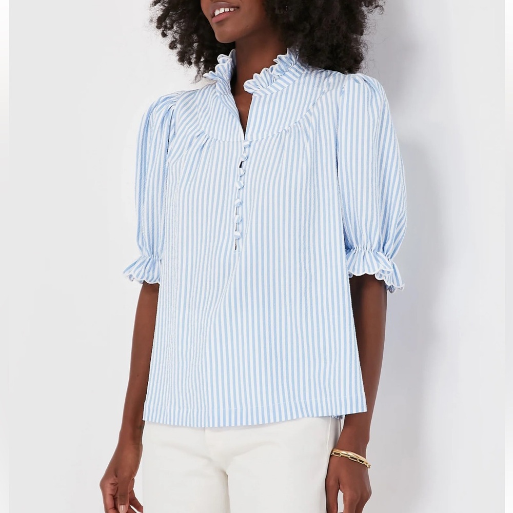 Tuckernuck Pomander Place Blue Striped Ruffle Selena Blouse
